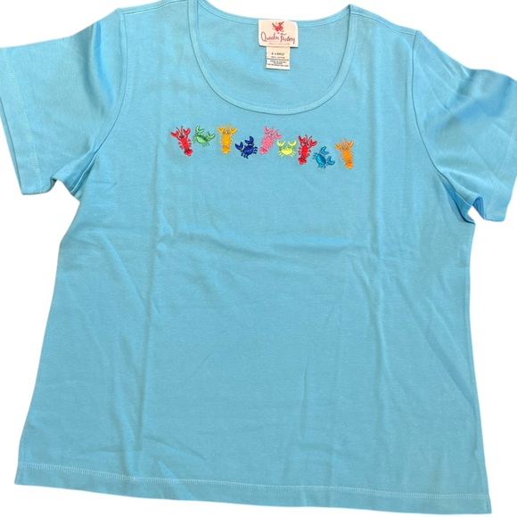 Quacker Factory Tops - Quacker Factory Light Blue Womens XL T-Shirt with Colorful Lobster Embroidery